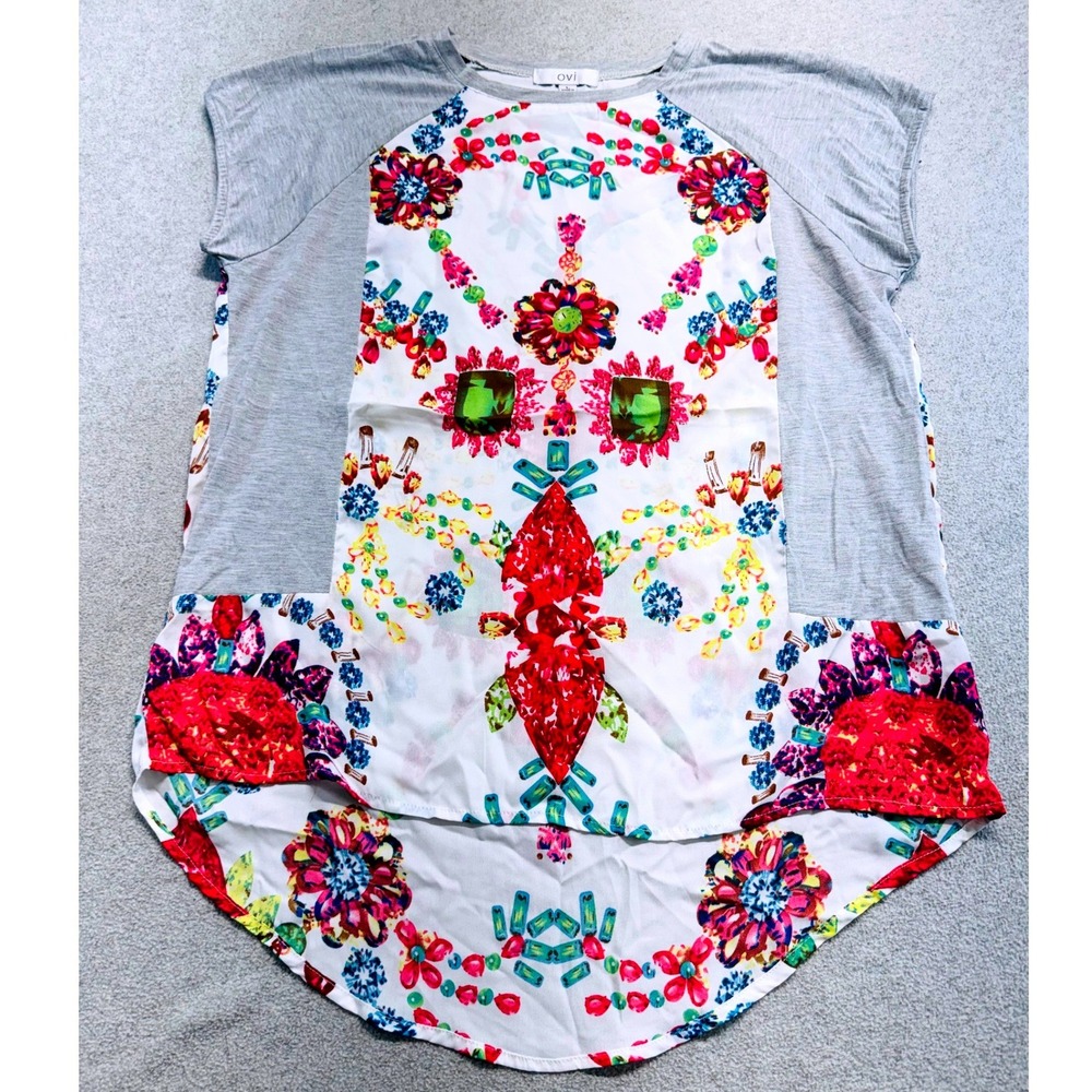 OVI Women's L Tunic Top Jeweled Floral Print Mixed Media High Low Hem Gray Boho